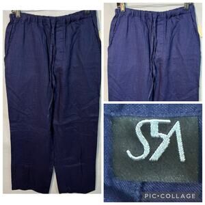 Saks Fifth Avenue NEW LINEN Pants Size M Navy Mens Drawstring Casual Relax Fit.